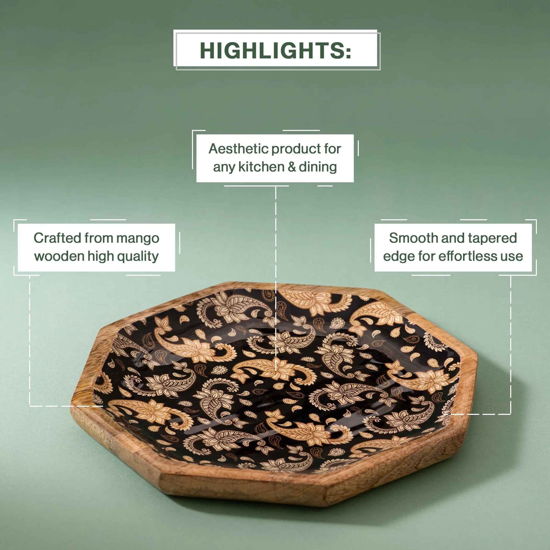 Handcrafted Mango-Wood Black Paisley Printed Platters Tray-Set Of 2
