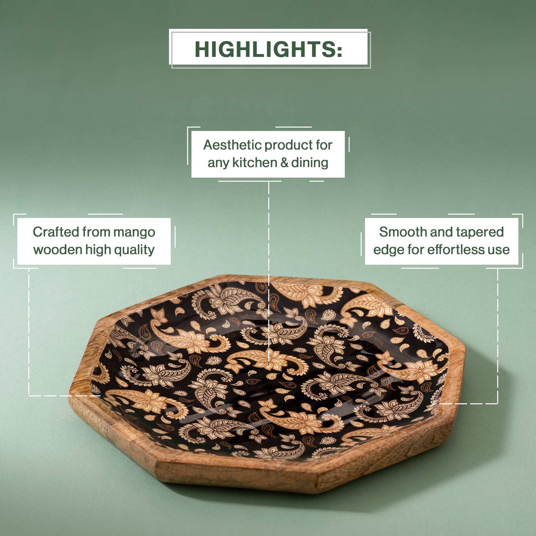 Handcrafted Mango-Wood Black Paisley Printed Platters Tray-Set Of 2