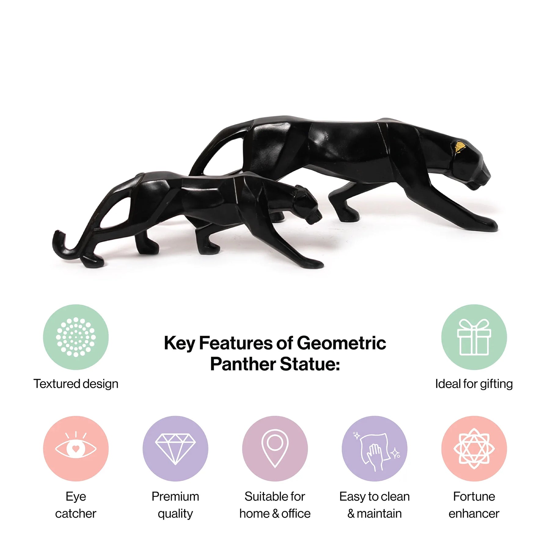 Jaguar Showpiece Black Geometric Statue in Home Decor-Set of 2