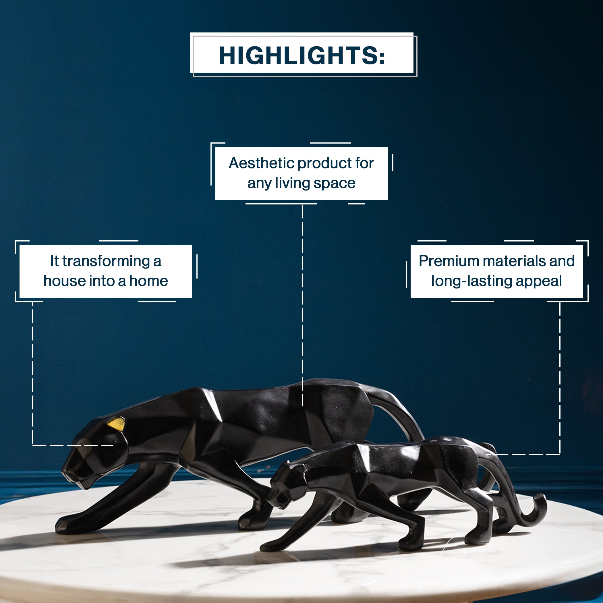 Jaguar Showpiece Black Geometric Statue in Home Decor-Set of 2