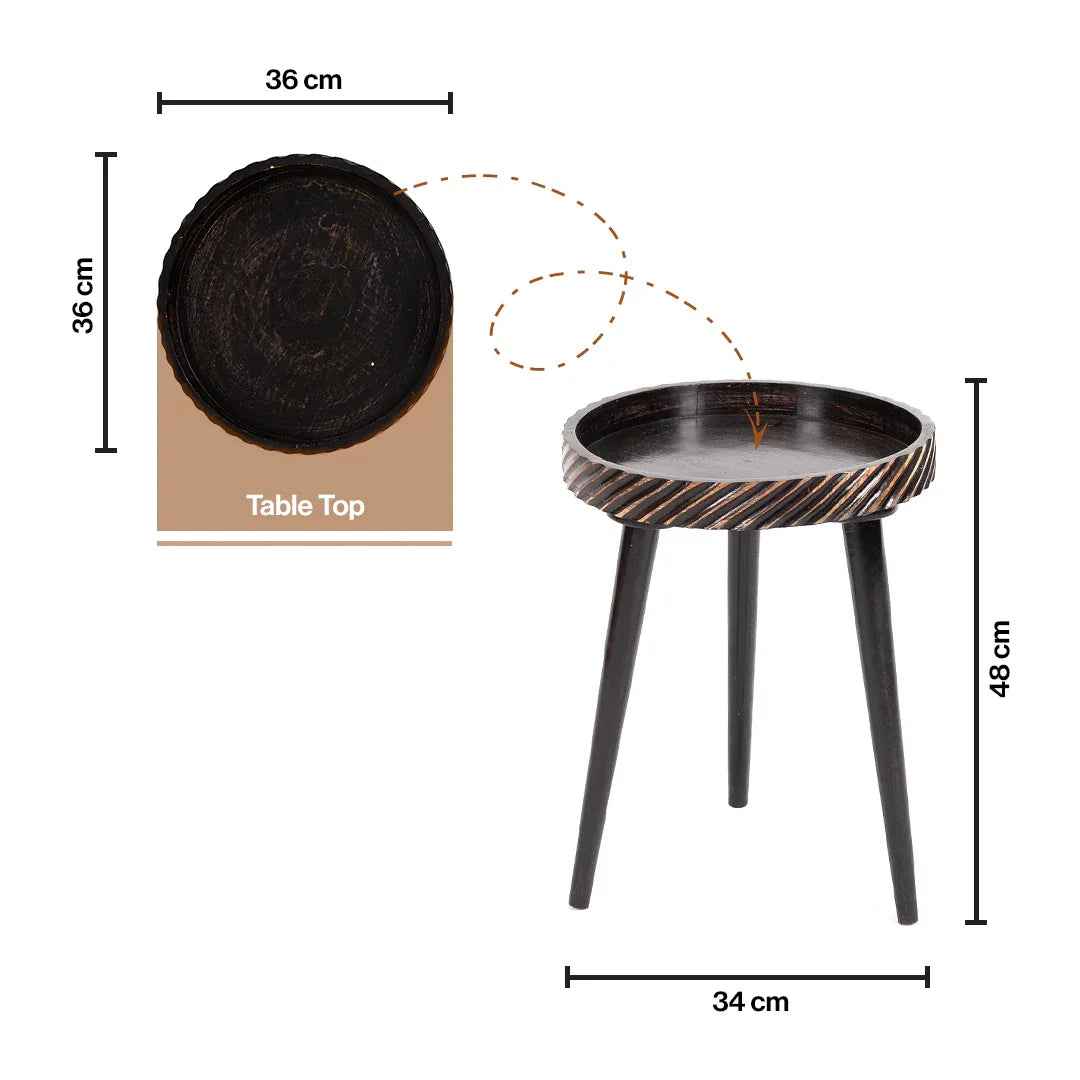 Mango Wood Round Side Table Set with Black Charcoal Cut Pattern
