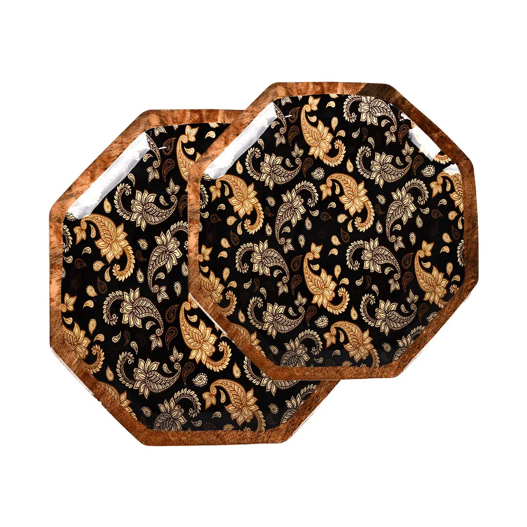 Handcrafted Mango-Wood Black Paisley Printed Platters Tray-Set Of 2