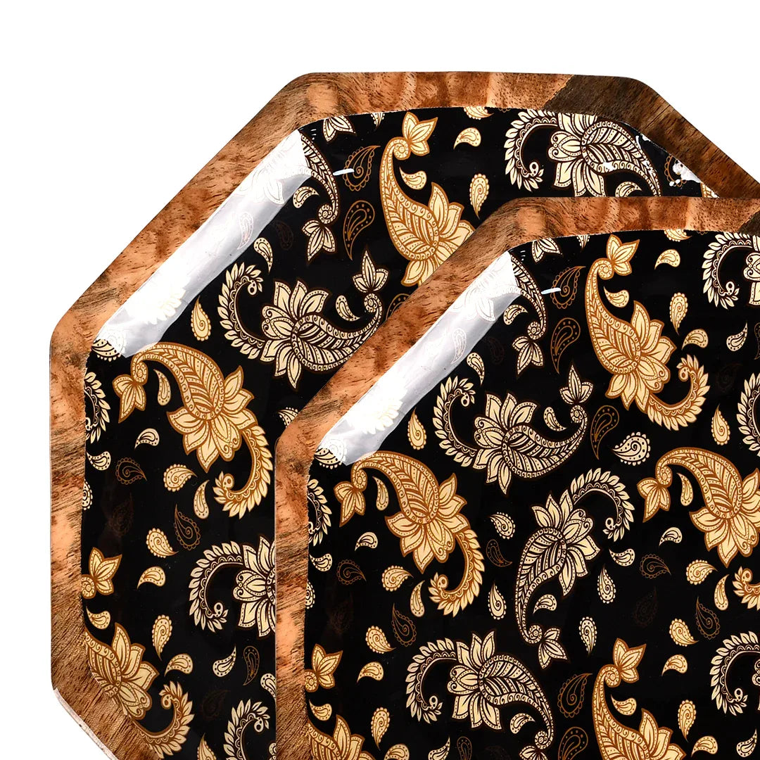 Handcrafted Mango-Wood Black Paisley Printed Platters Tray-Set Of 2