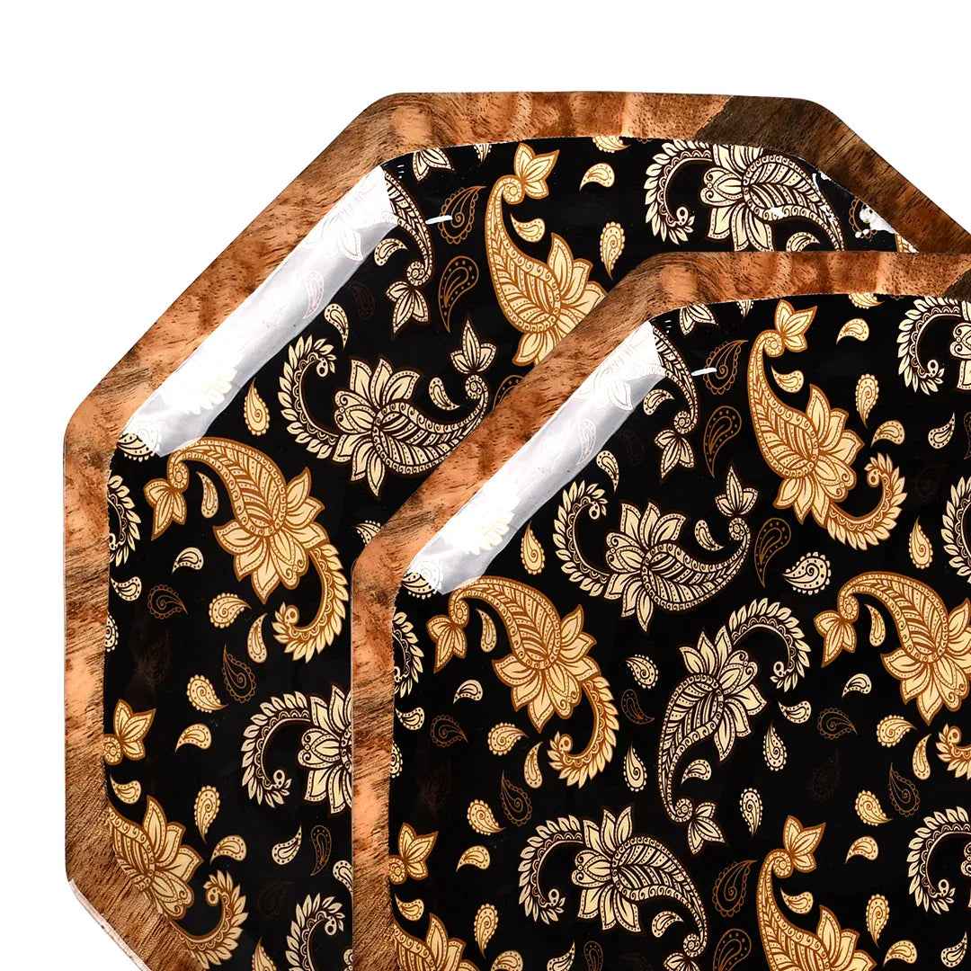 Handcrafted Mango-Wood Black Paisley Printed Platters Tray-Set Of 2