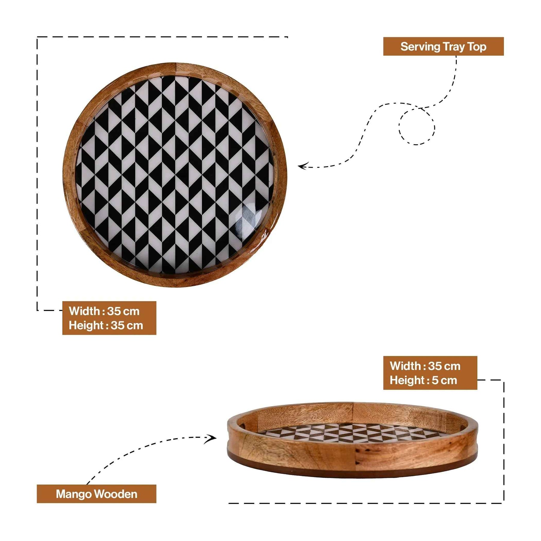 Round Mango Wood Serving Tray with Black & White Geometric Print