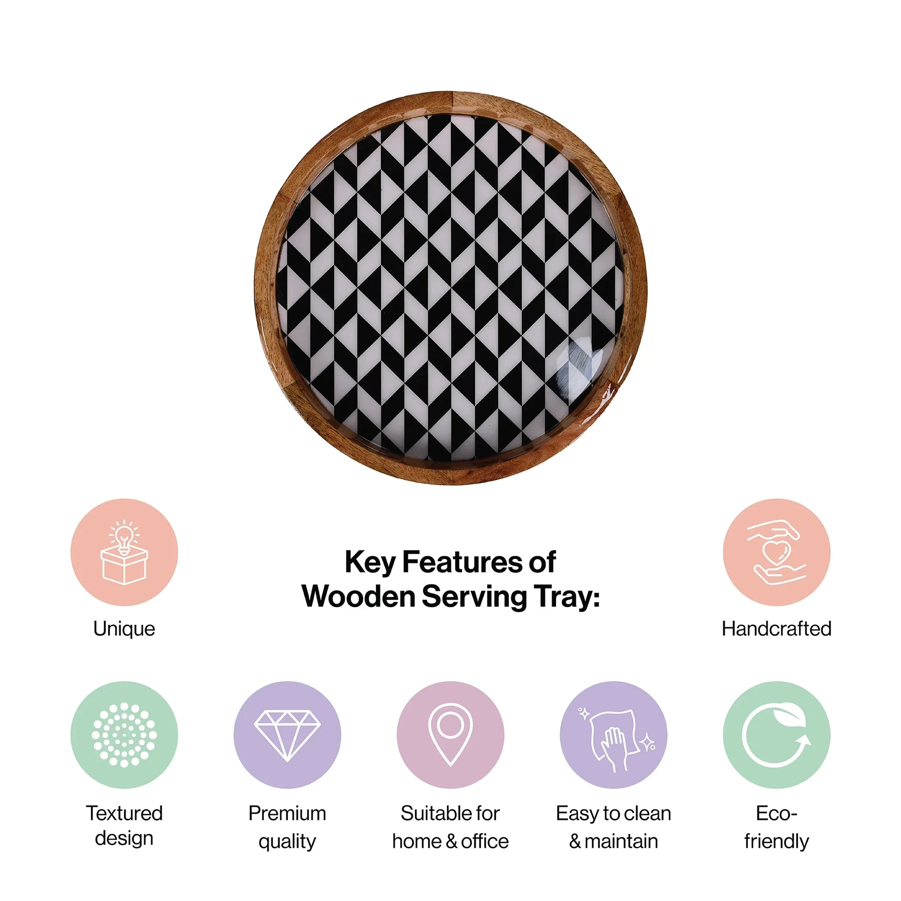 Handcrafted Mango-Wood Wooden Round Tray Chequered Design-Single