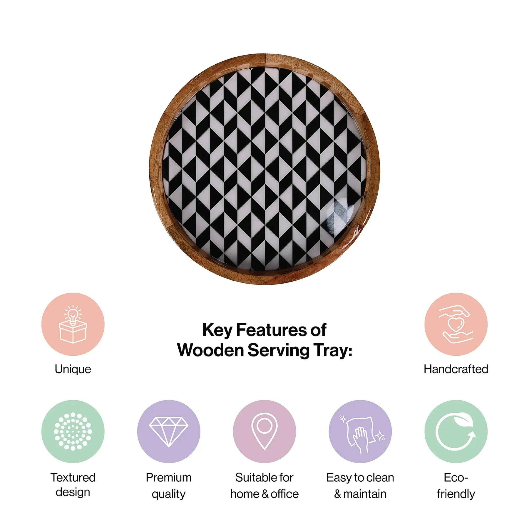 Round Mango Wood Serving Tray with Black & White Geometric Print