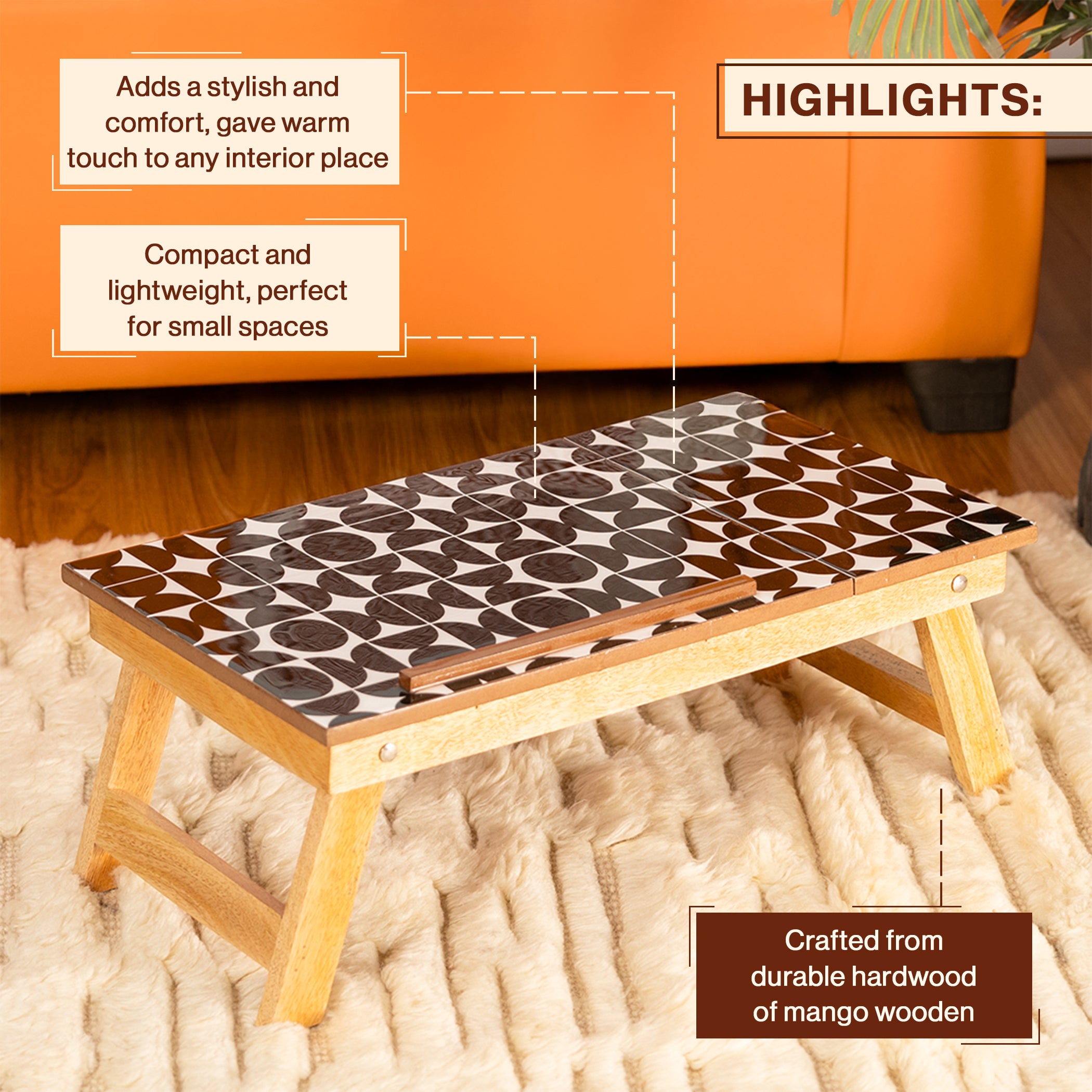 Mango Wood Handmade Folding Laptop Table in Black Mosaic with Epoxy Resin