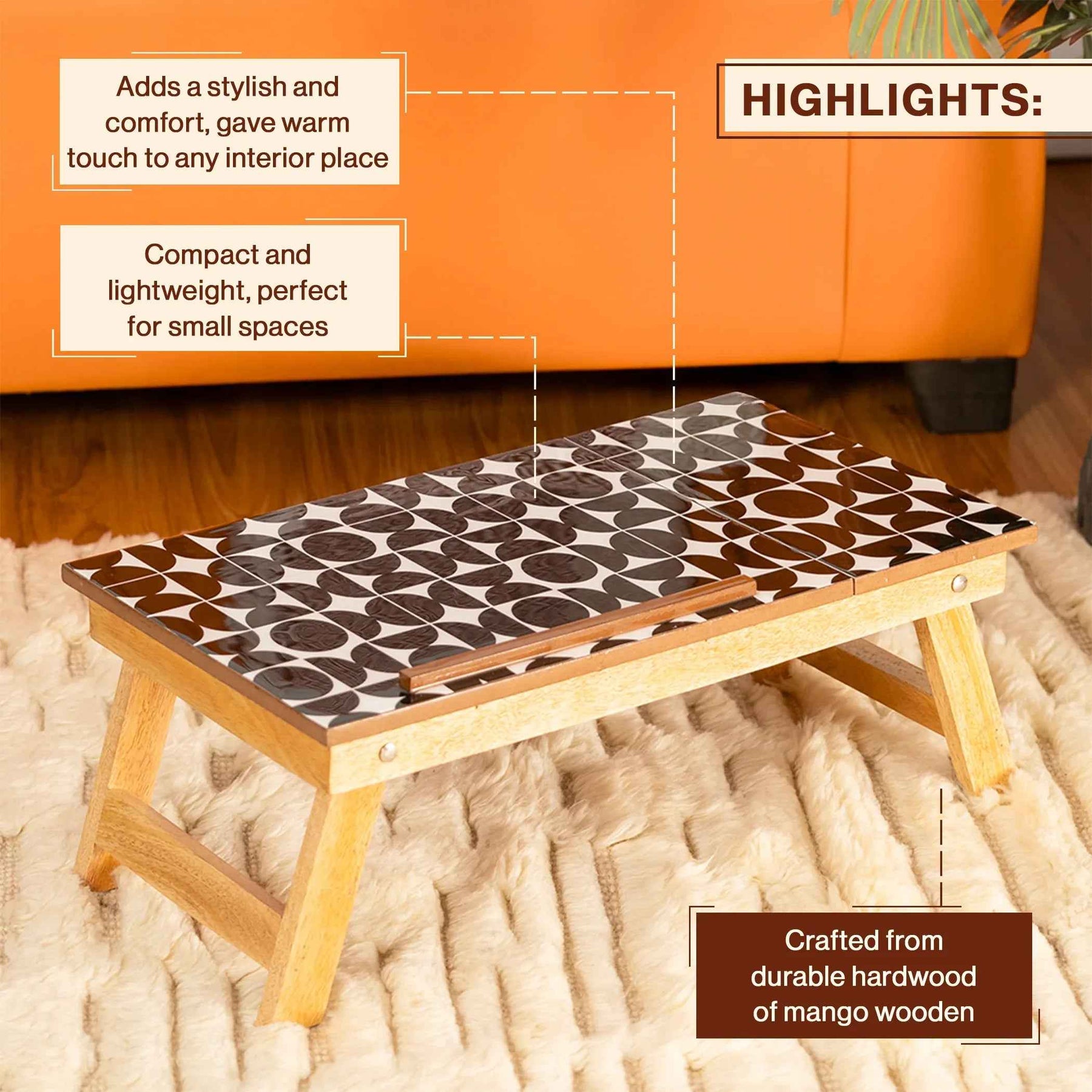 Mango Wood Handmade Folding Laptop Table in Black Mosaic with Epoxy Resin