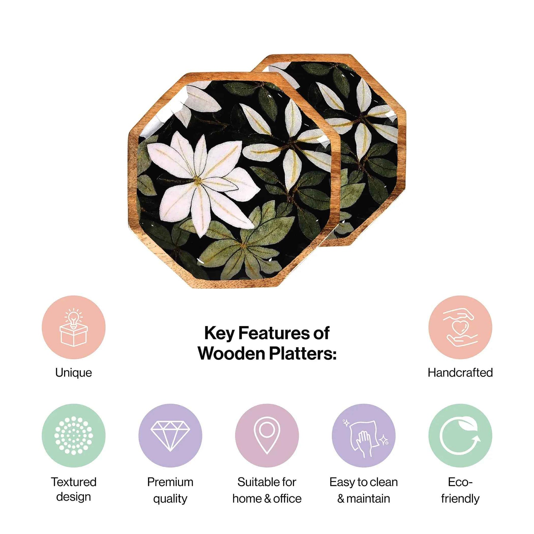 Premium Wooden Serving Platters Set with Magnolia Floral Design