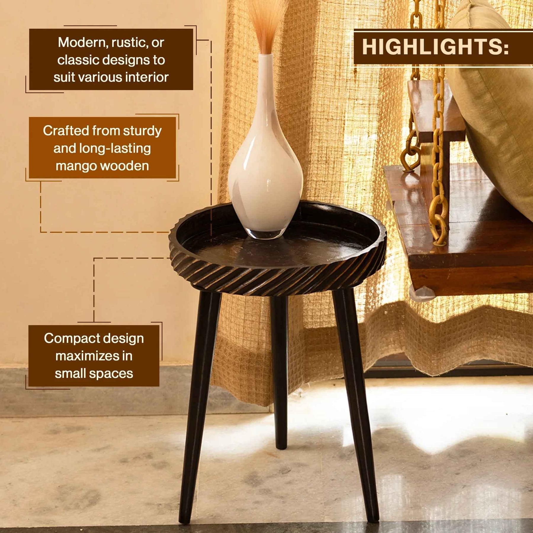 Mango Wood Round Side Table Set with Black Charcoal Cut Pattern