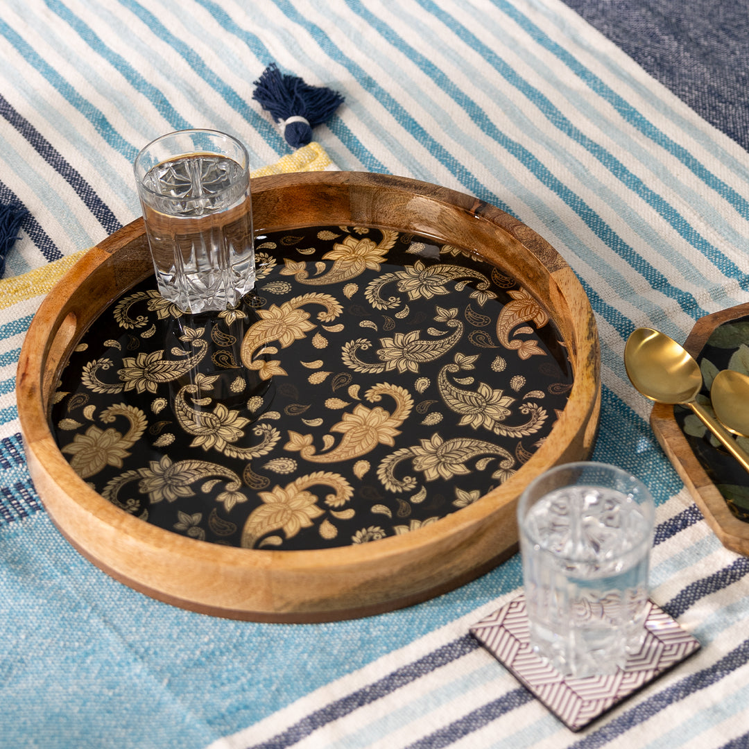 Handcrafted Mango-Wood Wooden Round Tray Brown Floral Motif Design-Single