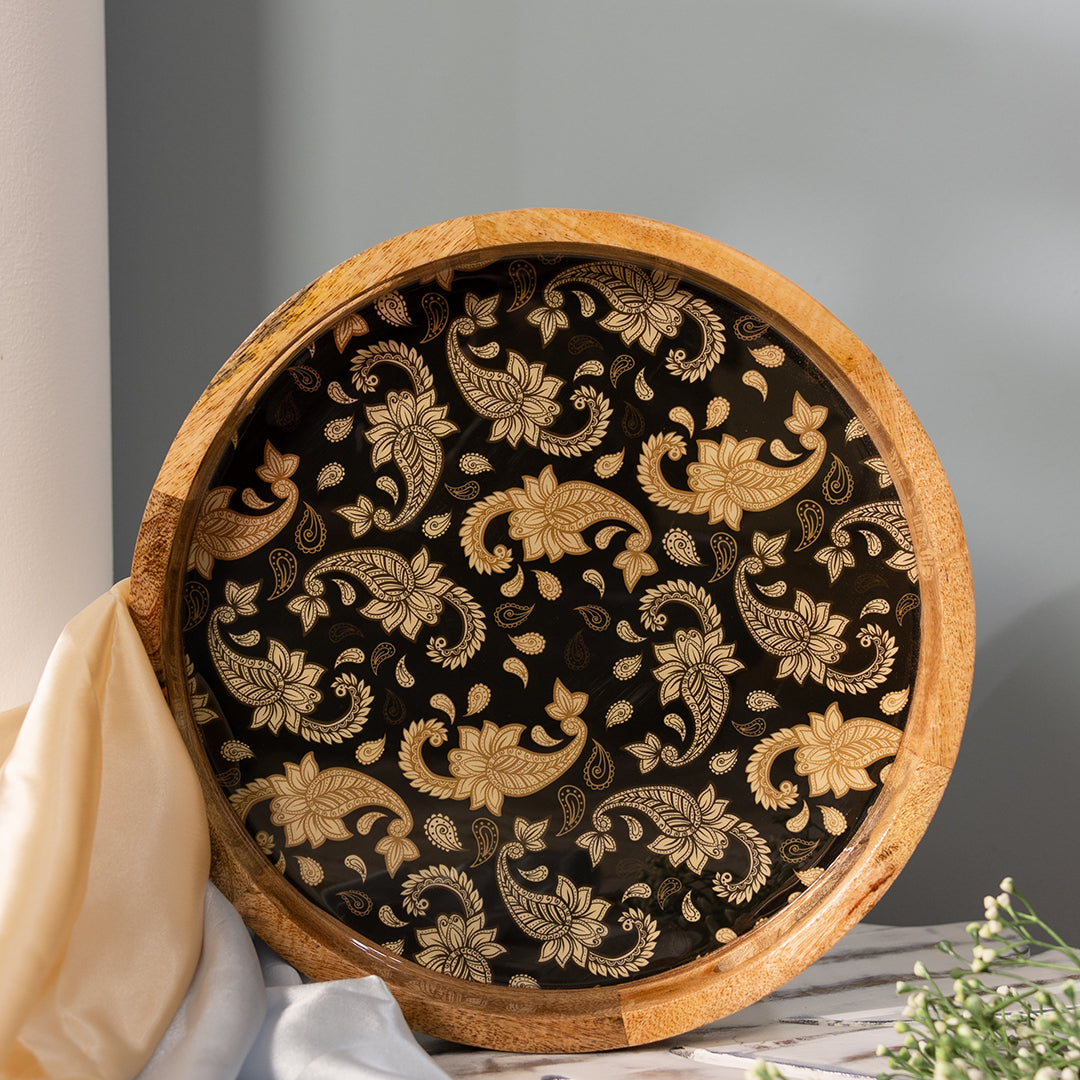 Handcrafted Mango-Wood Wooden Round Tray Brown Floral Motif Design-Single
