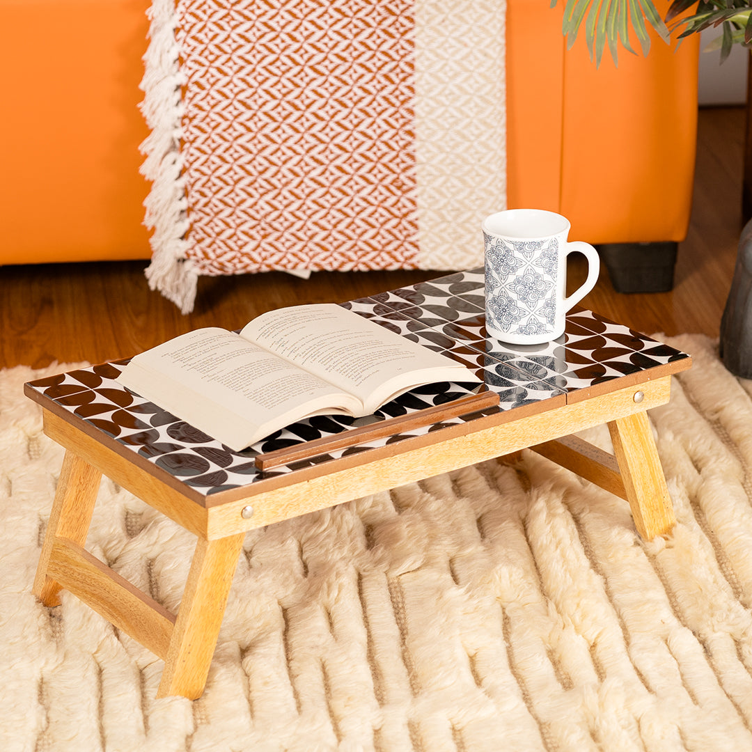 Mango Wood Handmade Folding Laptop Table in Black Mosaic with Epoxy Resin