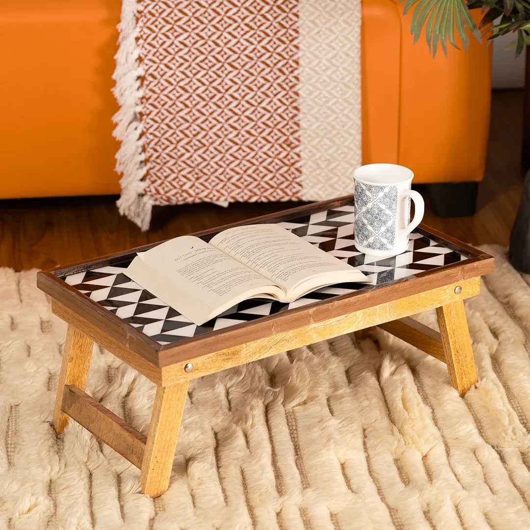 Mango Wood Handmade Fixed Laptop Table in Black & White with Epoxy Resin