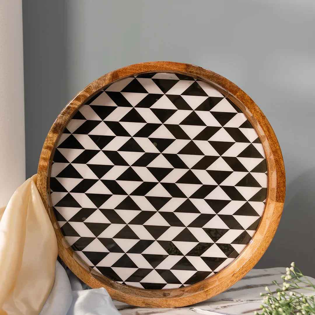 Round Mango Wood Serving Tray with Black & White Geometric Print