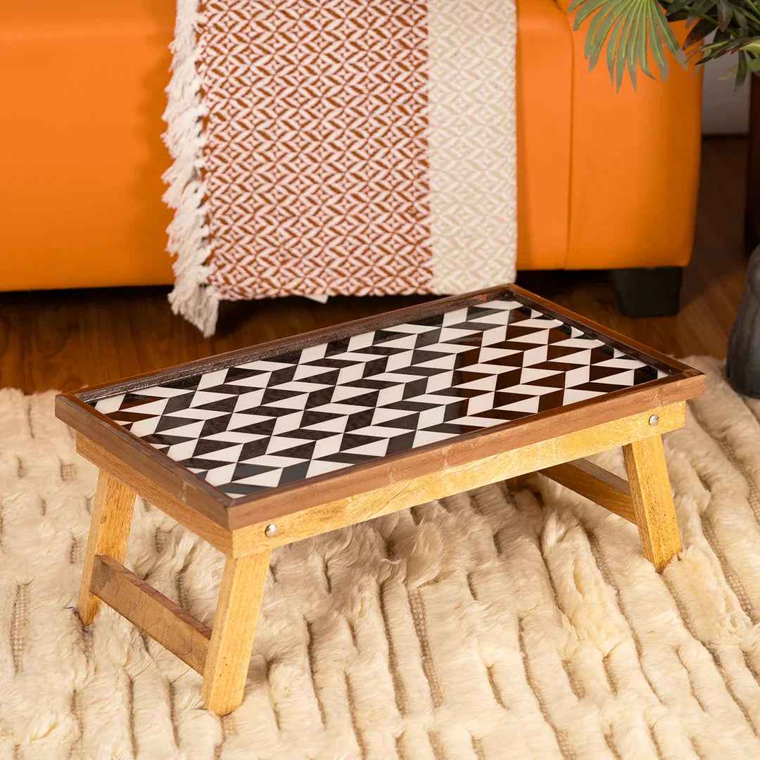 Mango Wood Handmade Fixed Laptop Table in Black & White with Epoxy Resin