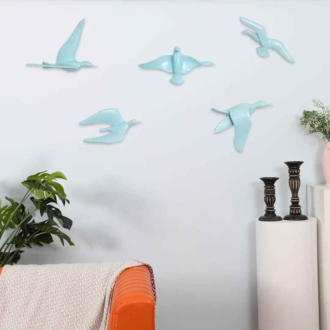 Resin Flying Birds Wall Hanging In Horizon Blue (Set Of 5)