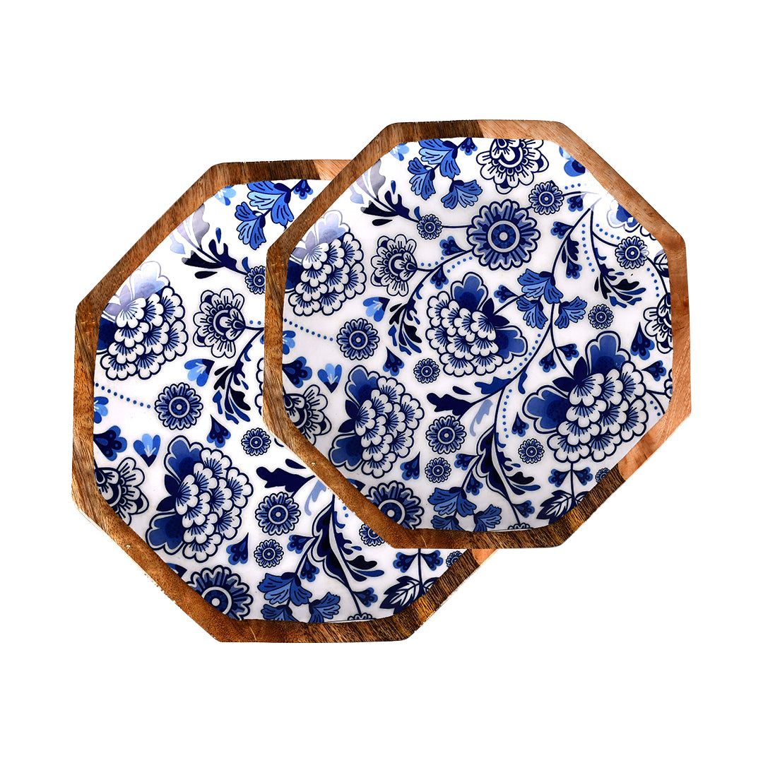 Handcrafted Mango-Wood Blueflower Printed Platters Tray-Set Of 2