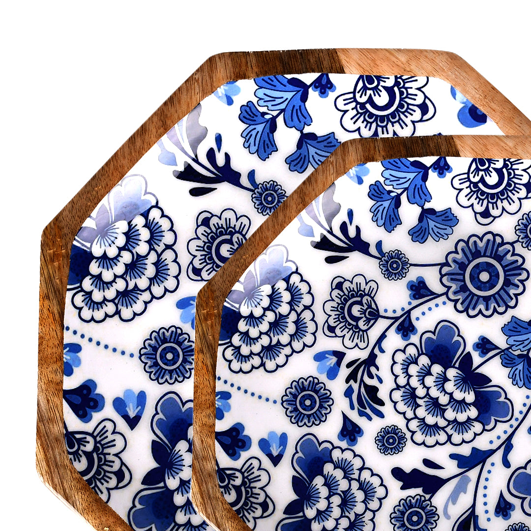 Handcrafted Mango-Wood Blueflower Printed Platters Tray-Set Of 2