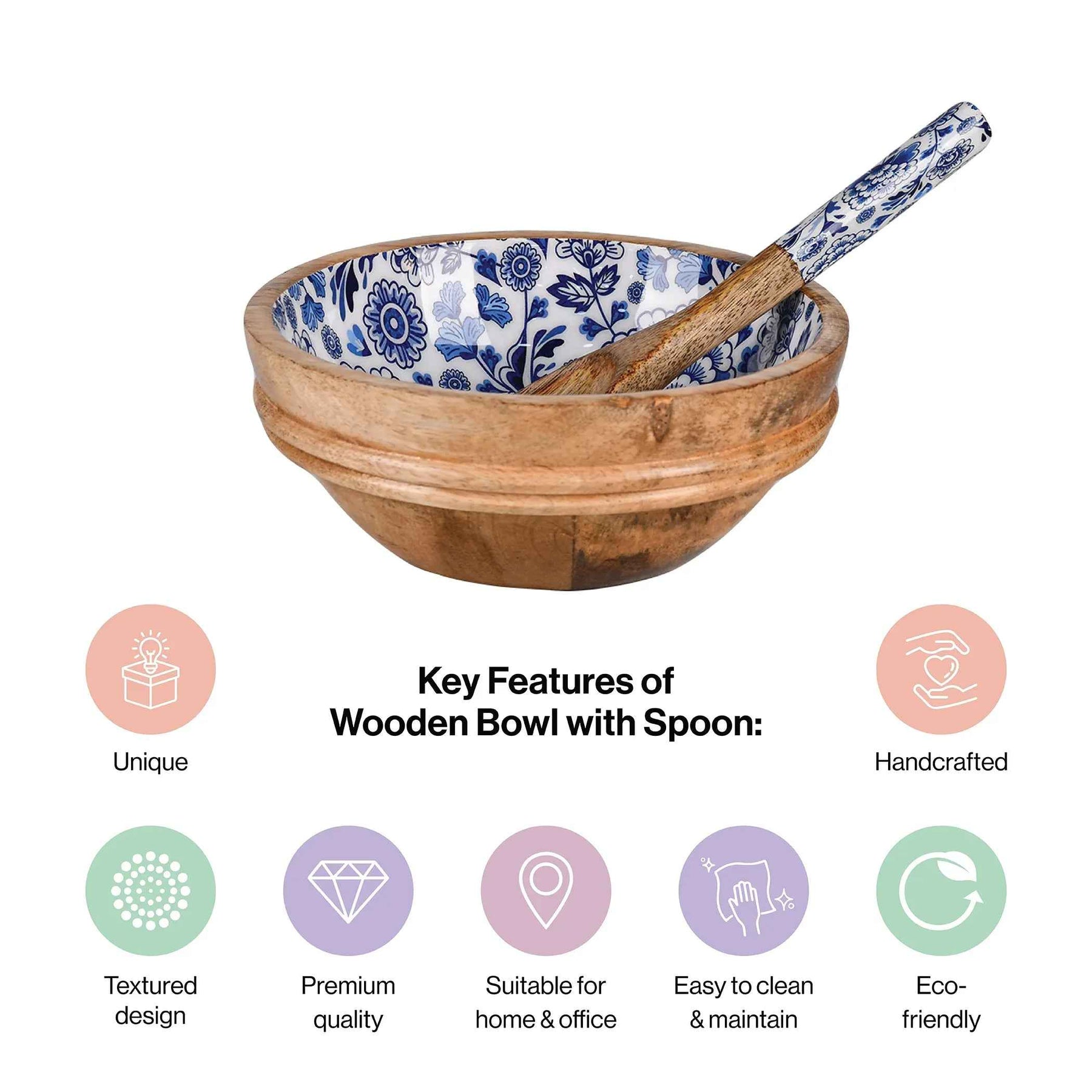 Wooden Serving Bowl with Spoon in Indigo Floral Design