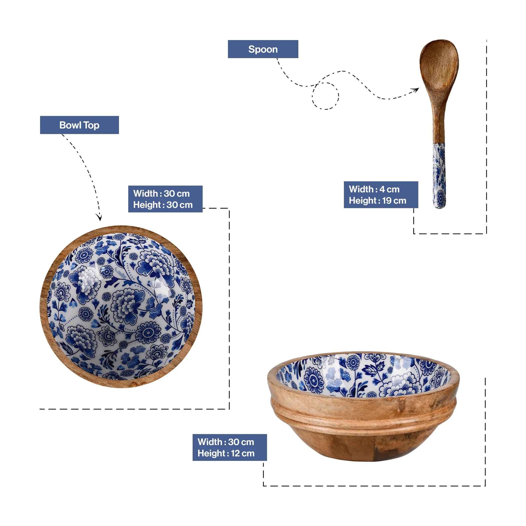 Wooden Serving Bowl with Spoon in Indigo Floral Design