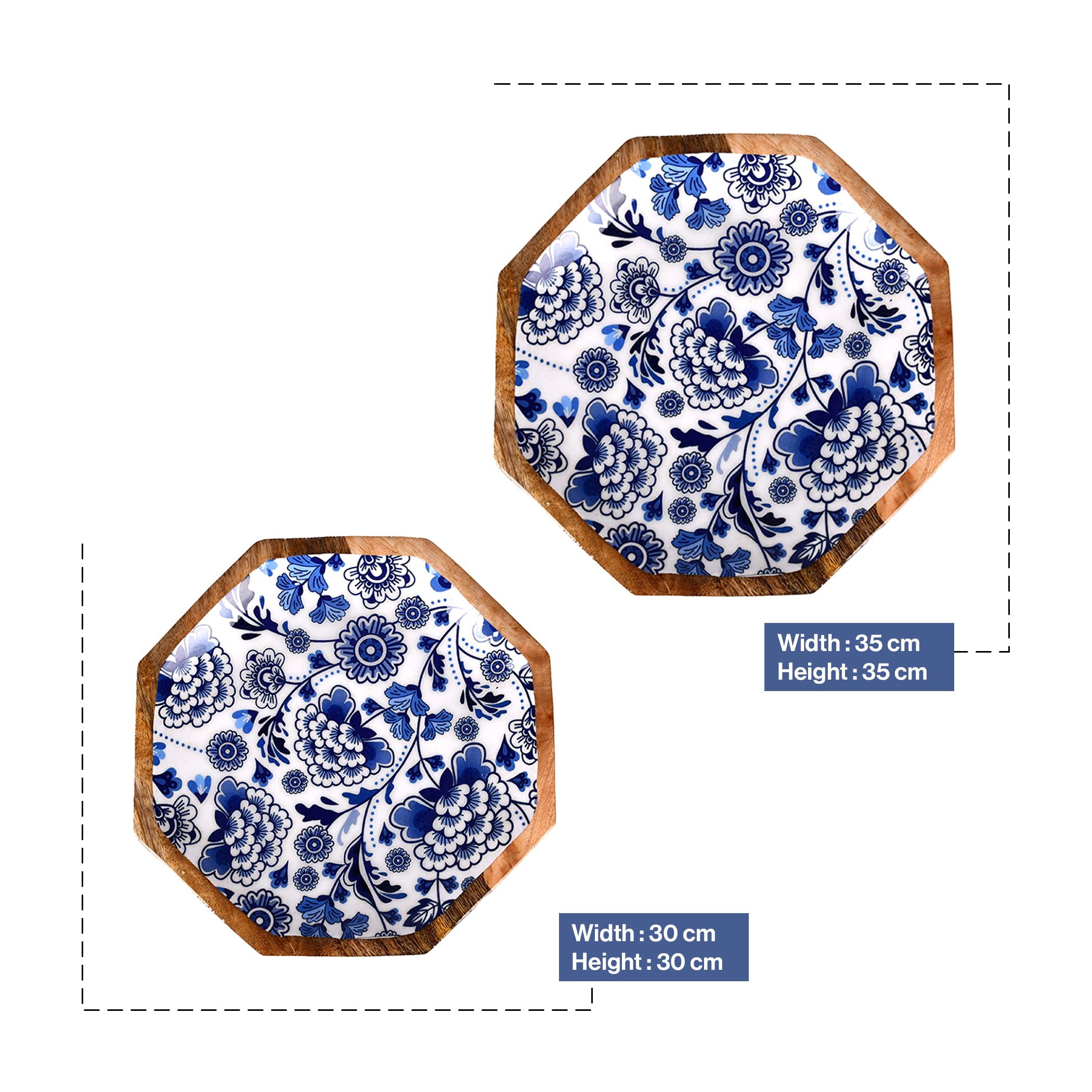 Handcrafted Mango-Wood Blueflower Printed Platters Tray-Set Of 2