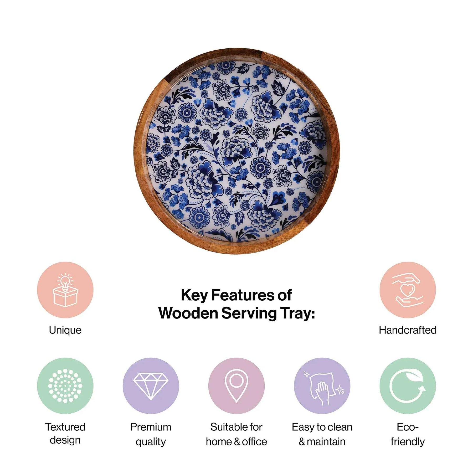 Premium Mango Wood Round Serving Tray with Blue Floral Print