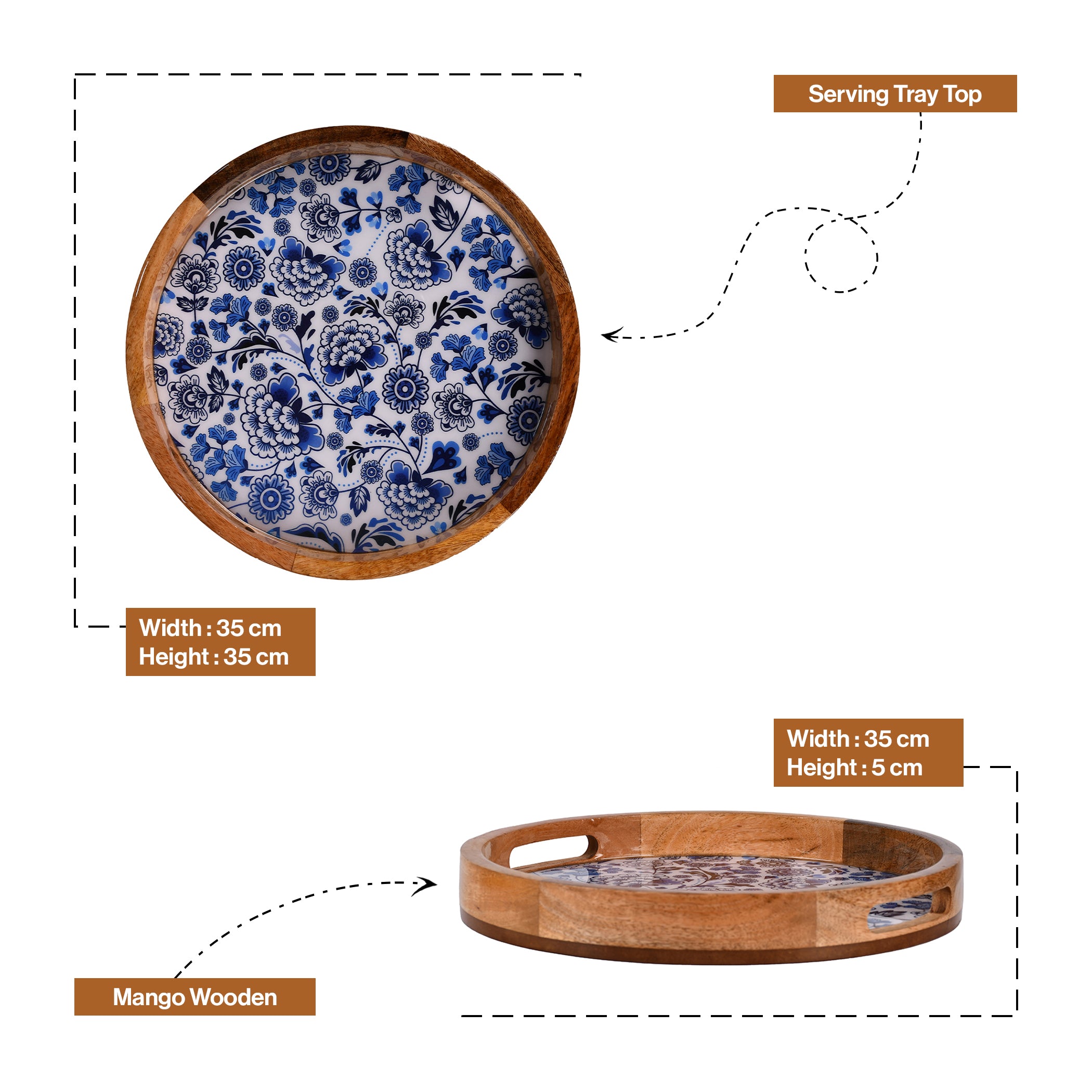 Handcrafted Mango-Wood Wooden Round Tray Blue Floral Motif Design-Single
