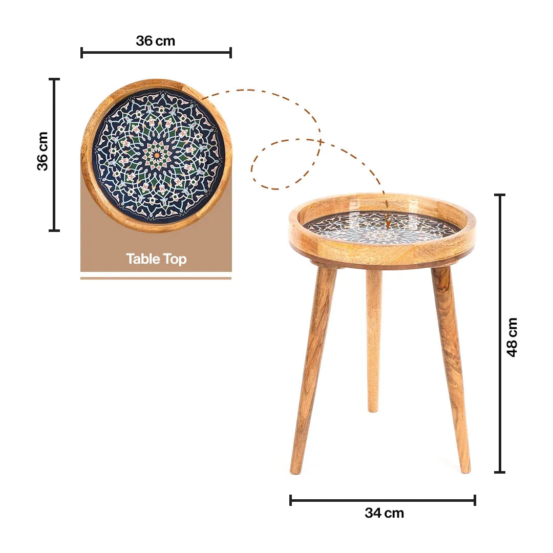 Mango Wood Round Side Table For Living Room In Mandala - End Table for Tea & Coffee