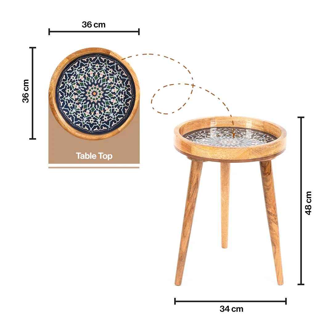 Mango Wood Round Side Table For Living Room In Mandala