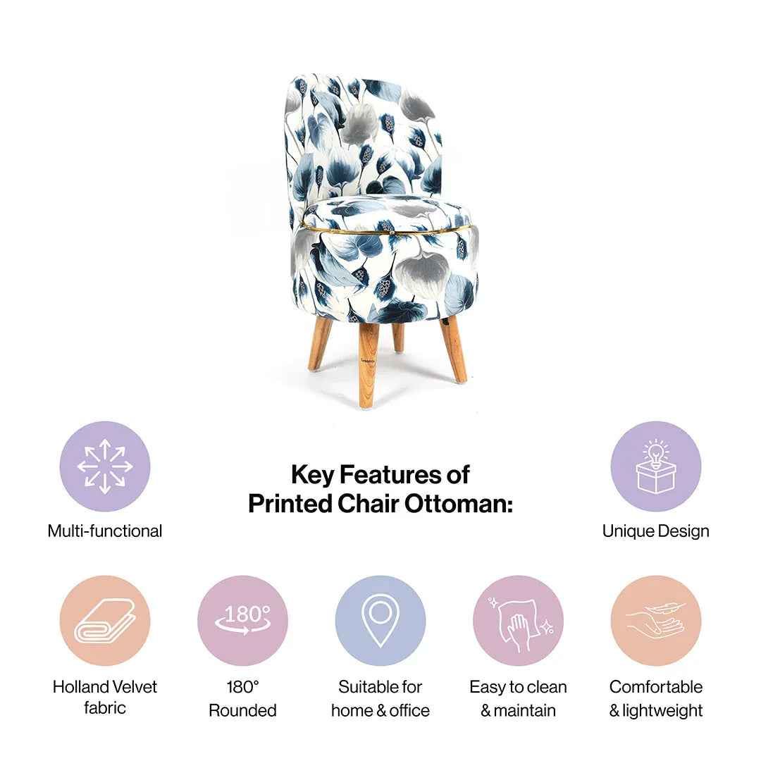 Modern Printed Velvet Chair with Ottoman Stool Combo in Leafy Drift
