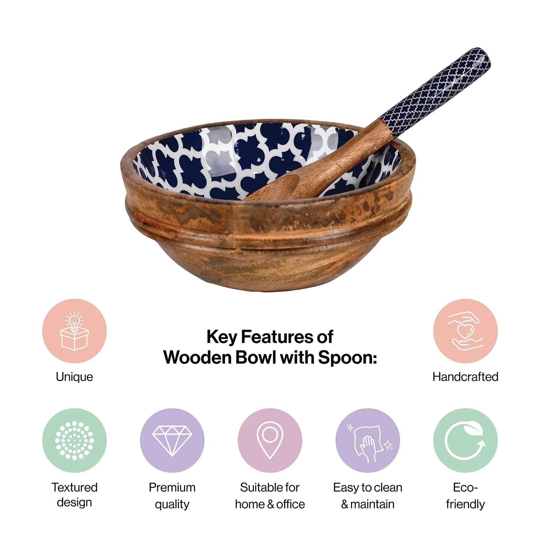 Wooden Serving Bowl with Spoon in Moroccan Trellis Design