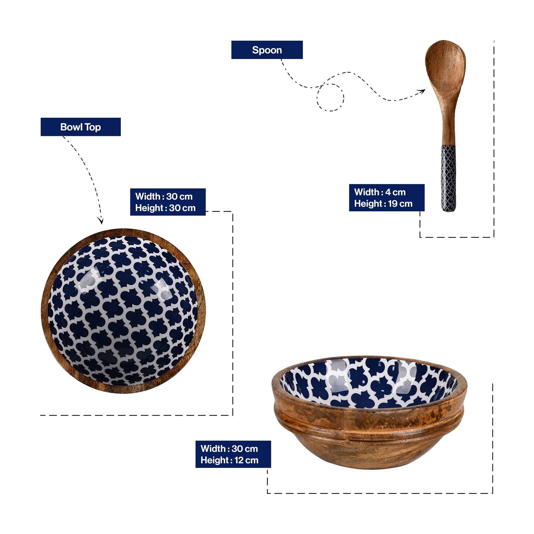 Wooden Serving Bowl with Spoon in Moroccan Trellis Design