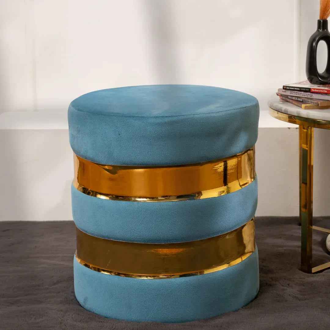 Round Velvet Ottoman for Living Room in Powder Blue