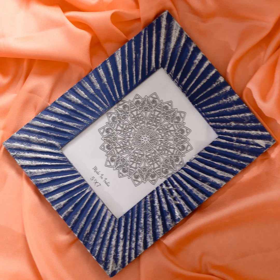 Handcrafted Wooden Sunburst Photo Frame in Royal Blue