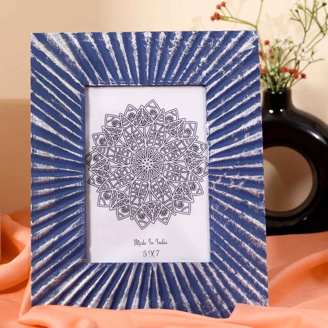 Handcrafted Wooden Sunburst Photo Frame in Royal Blue