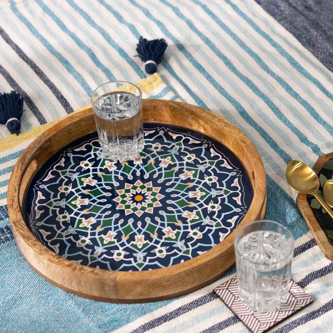 Handcrafted Mango Wood Round Serving Tray - Mandala