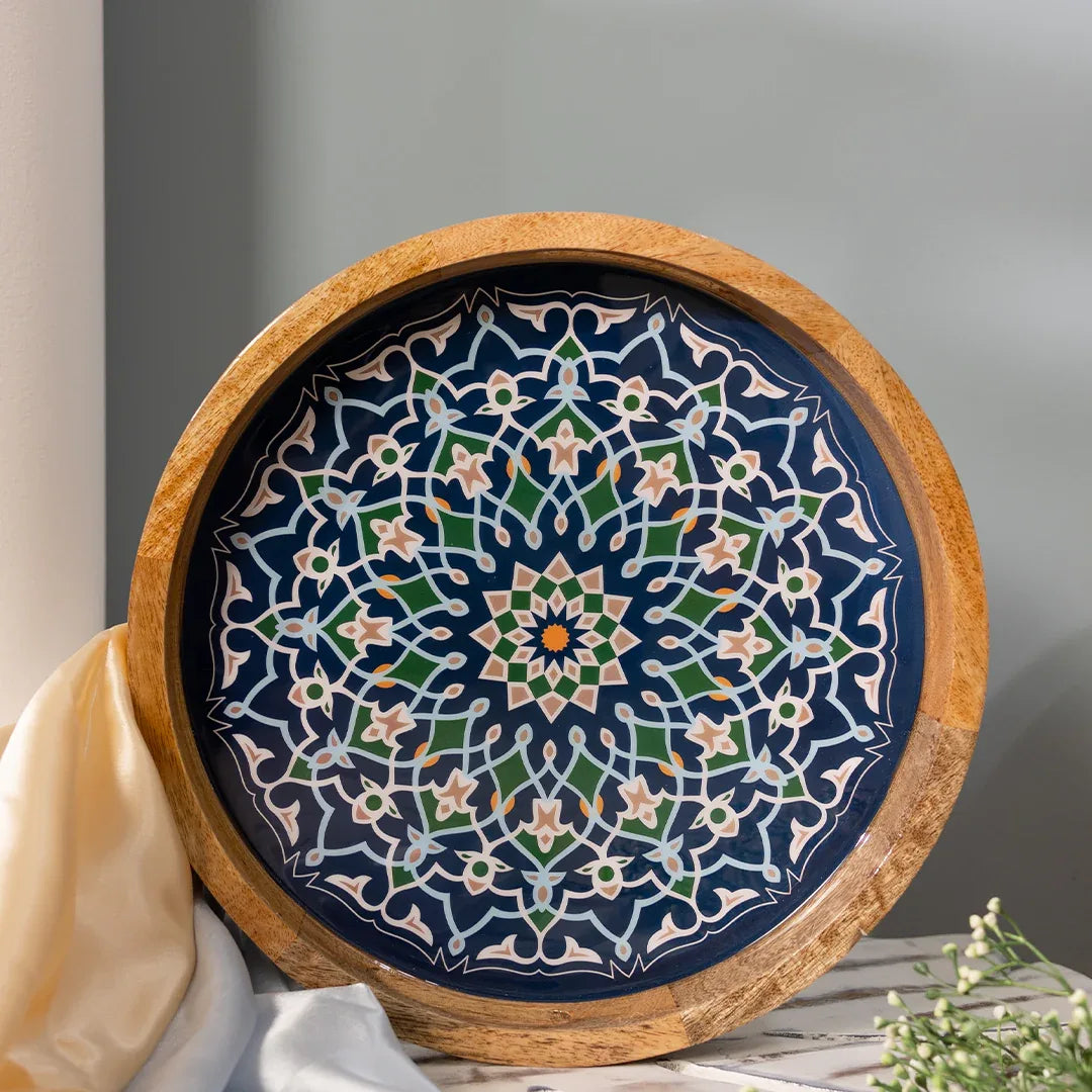 Handcrafted Mango-Wood Wooden Round Tray Mandala Design-Single