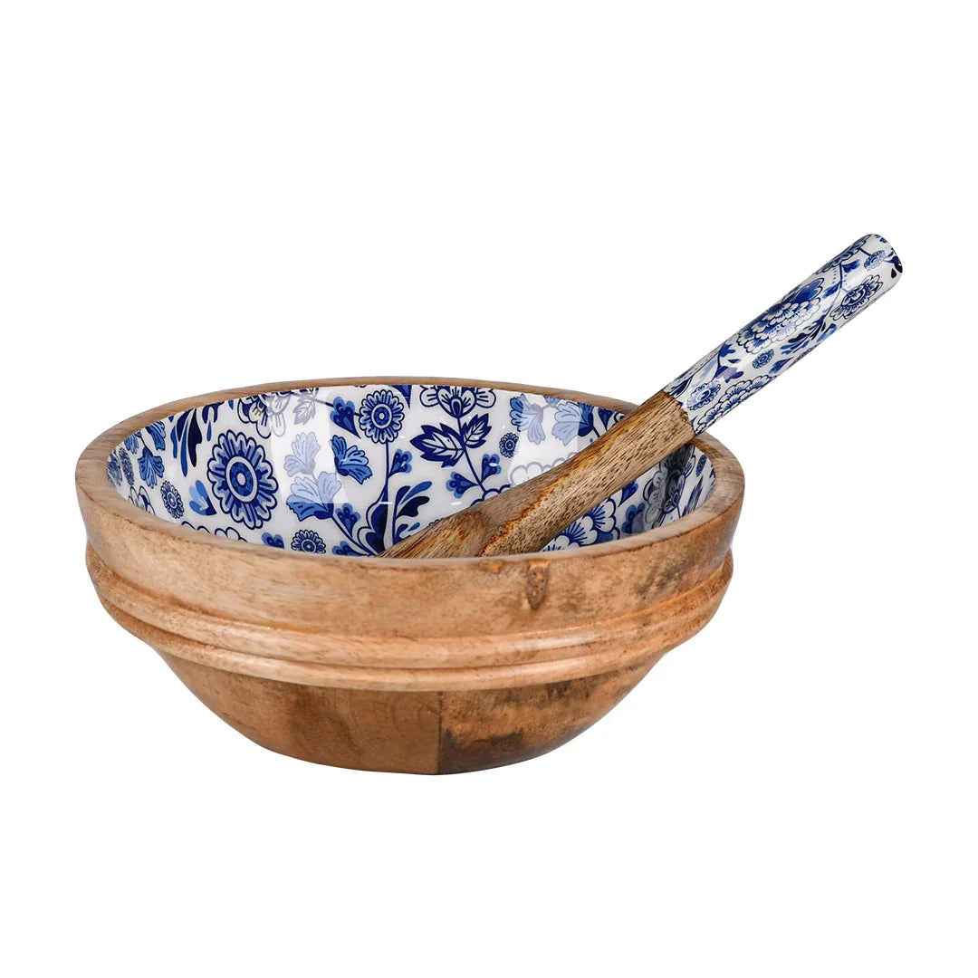 Wooden Serving Bowl with Spoon in Indigo Floral Design