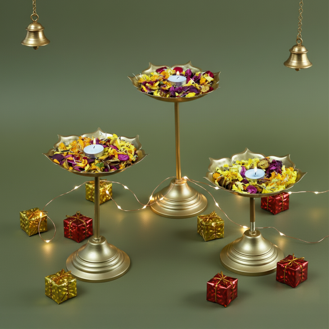 Brass Lotus Urli Bowl with Stand-Set of 3