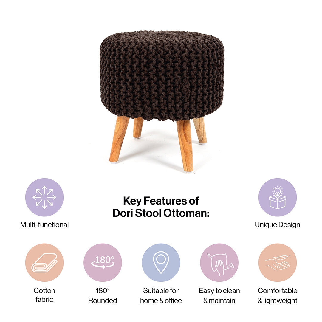 Round Ottoman Pouffe Stool (Dori) in Oak Brown-Combo of 2