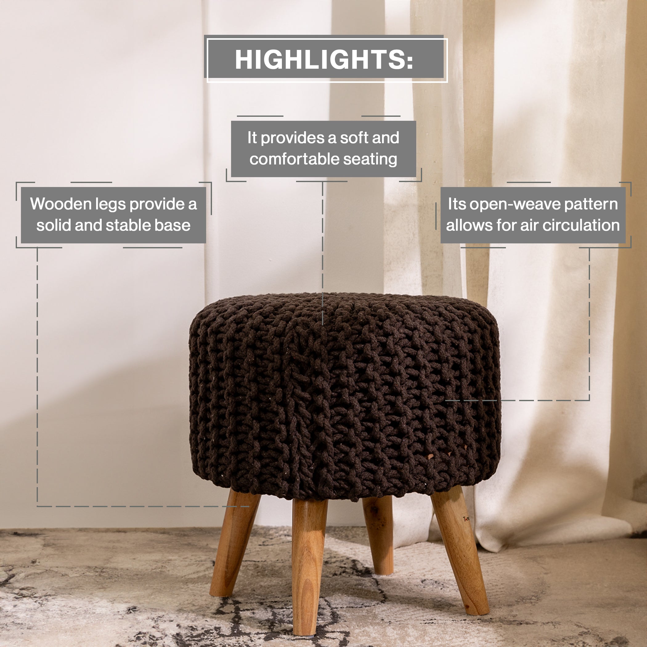 Round Ottoman Pouffe Stool (Dori) in Oak Brown-Combo of 2