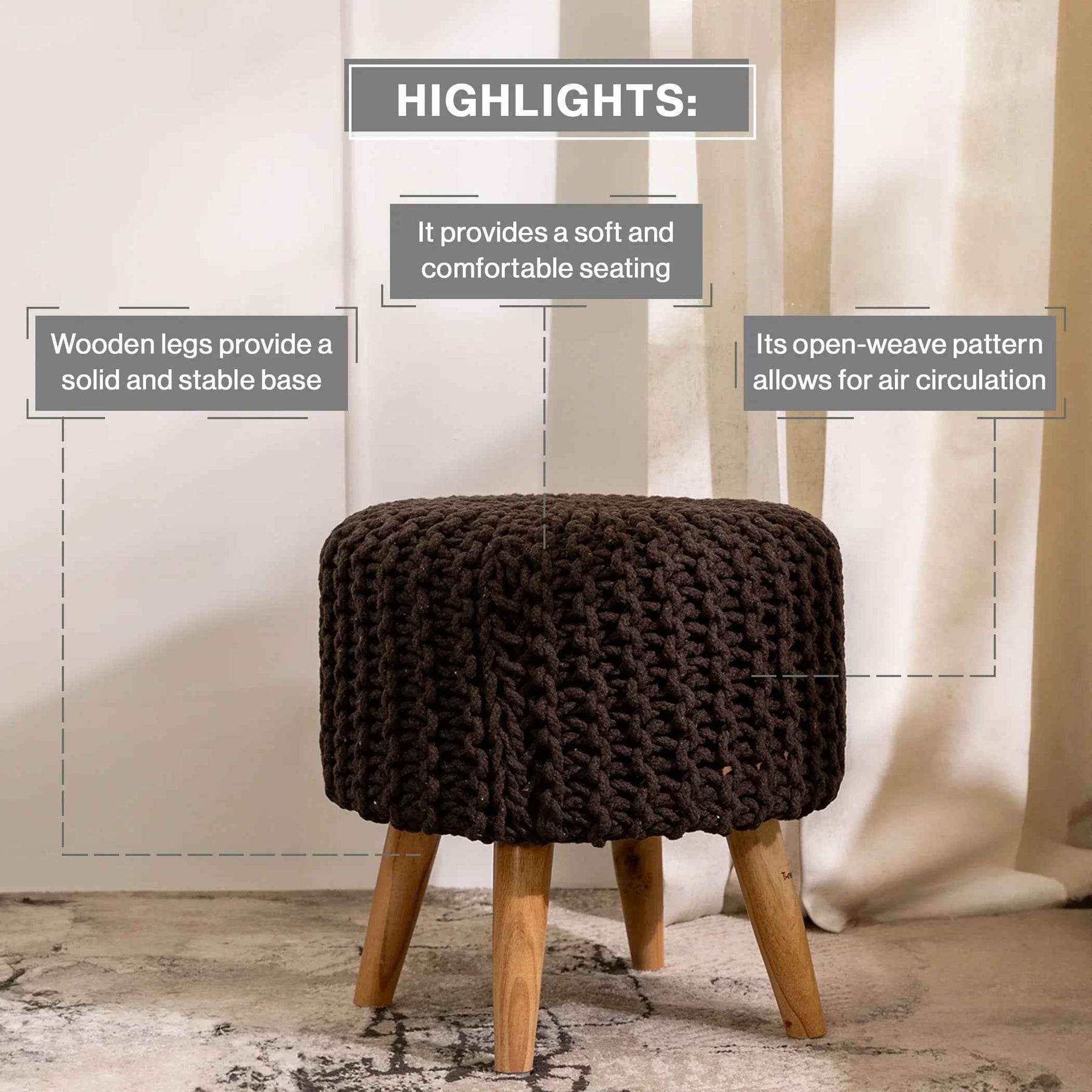Dori Ottoman Pouffe Stool Set of 2 in Oak Brown