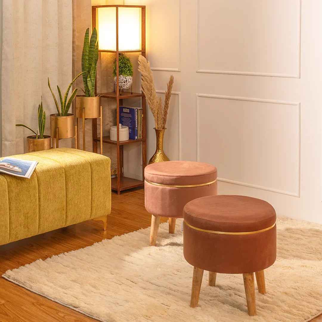 Ottoman Stool With Piping In Oak Brown - Combo Of 2