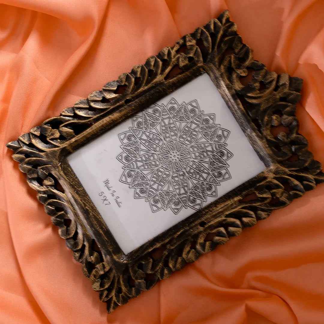 Handcarved Wooden Heritage Mirror Photo Frame in Antique Black