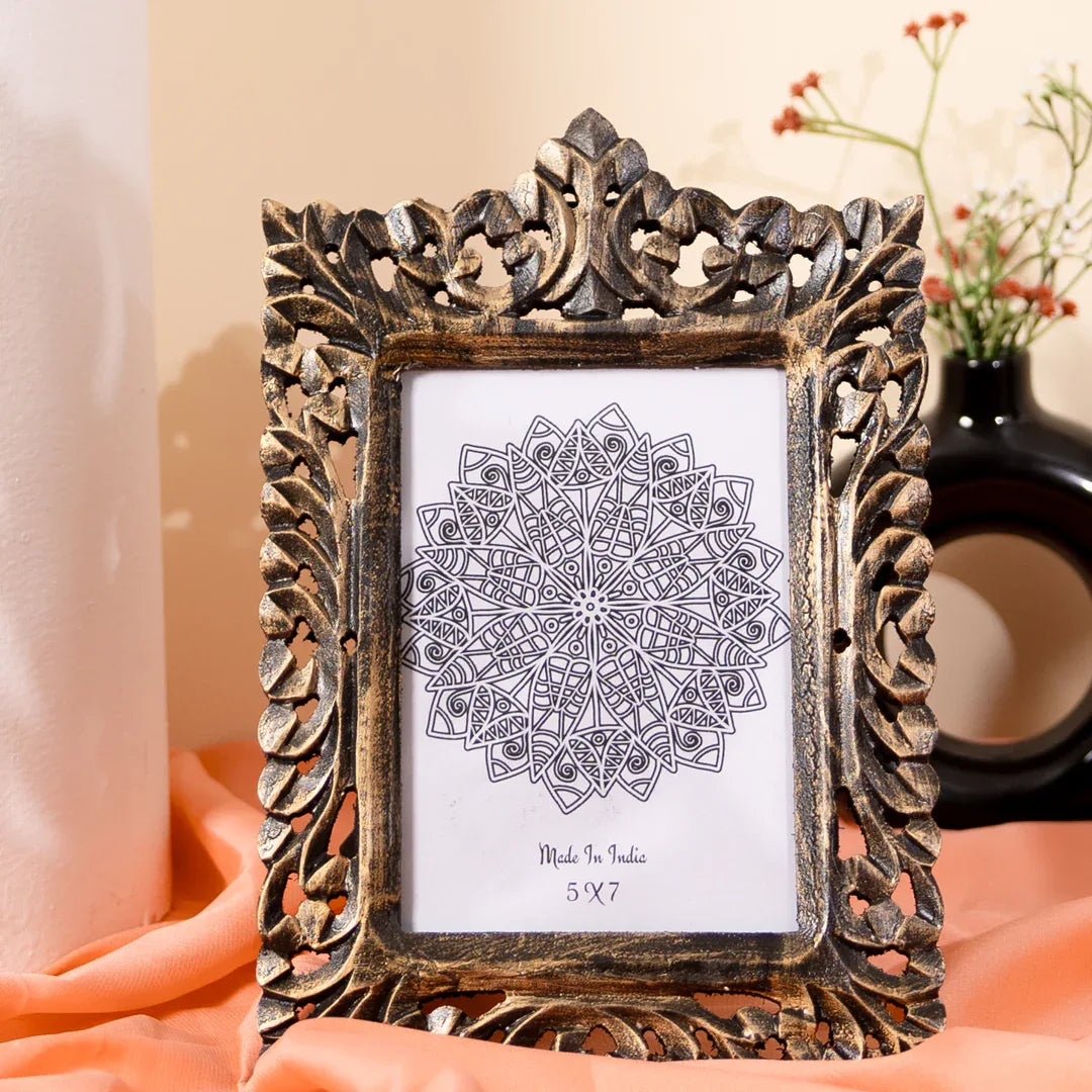 Wooden Wall Decor Mirror Photo Frame in Black and Golden Hues-Wall Mount