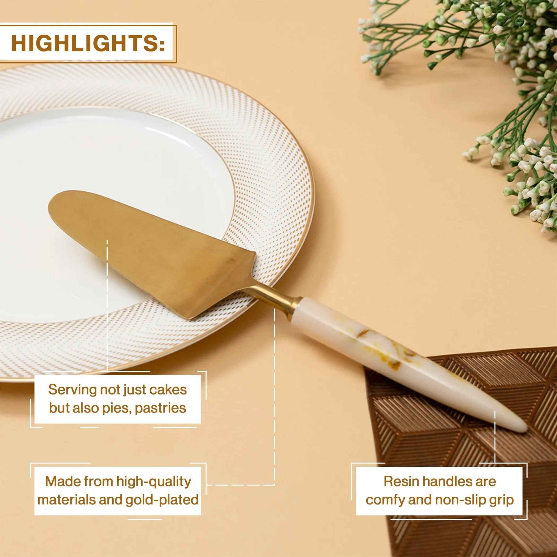 Premium Gold Finish Cake Serving Knife with Marble Handle