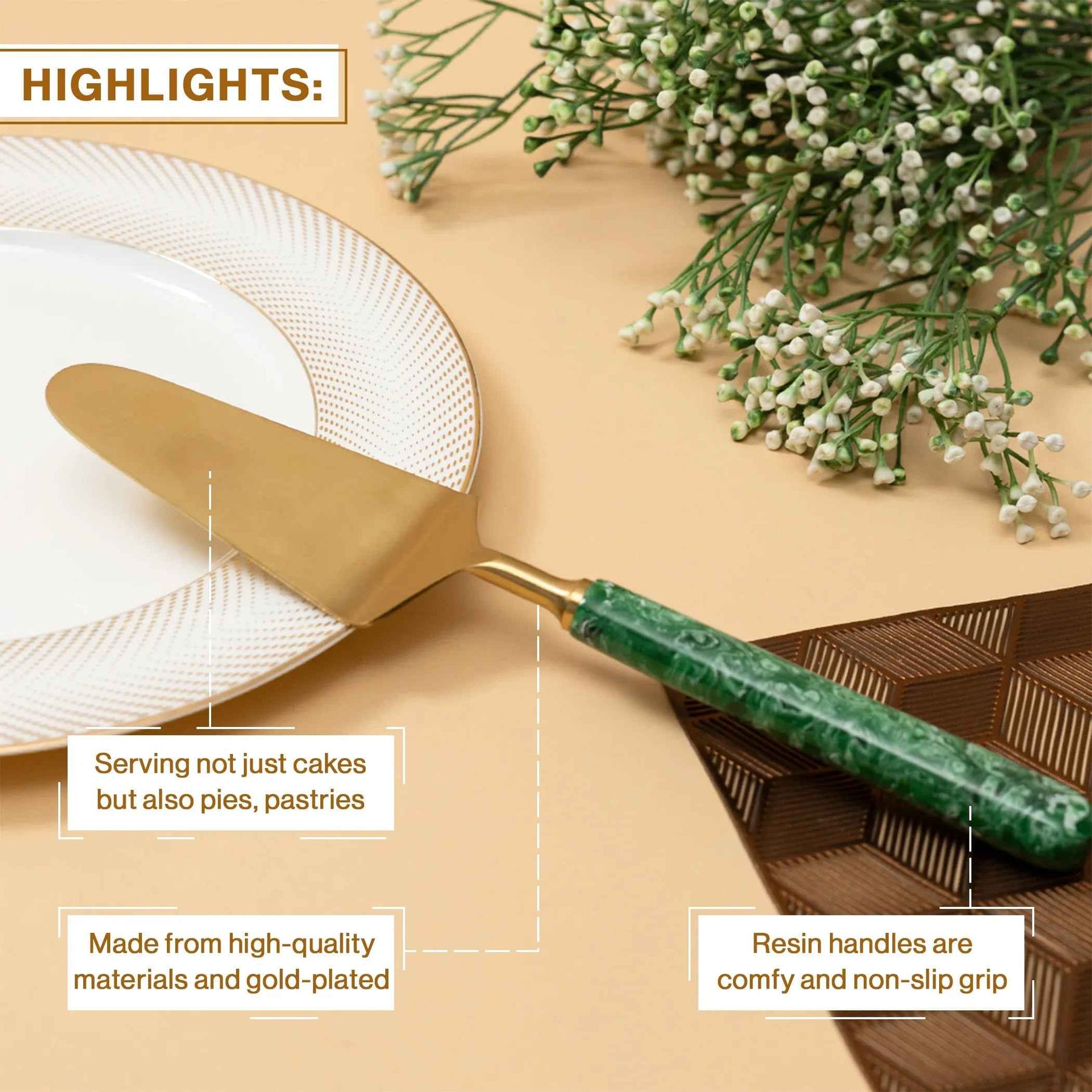 Premium Gold Cake Server with Emerald Handle