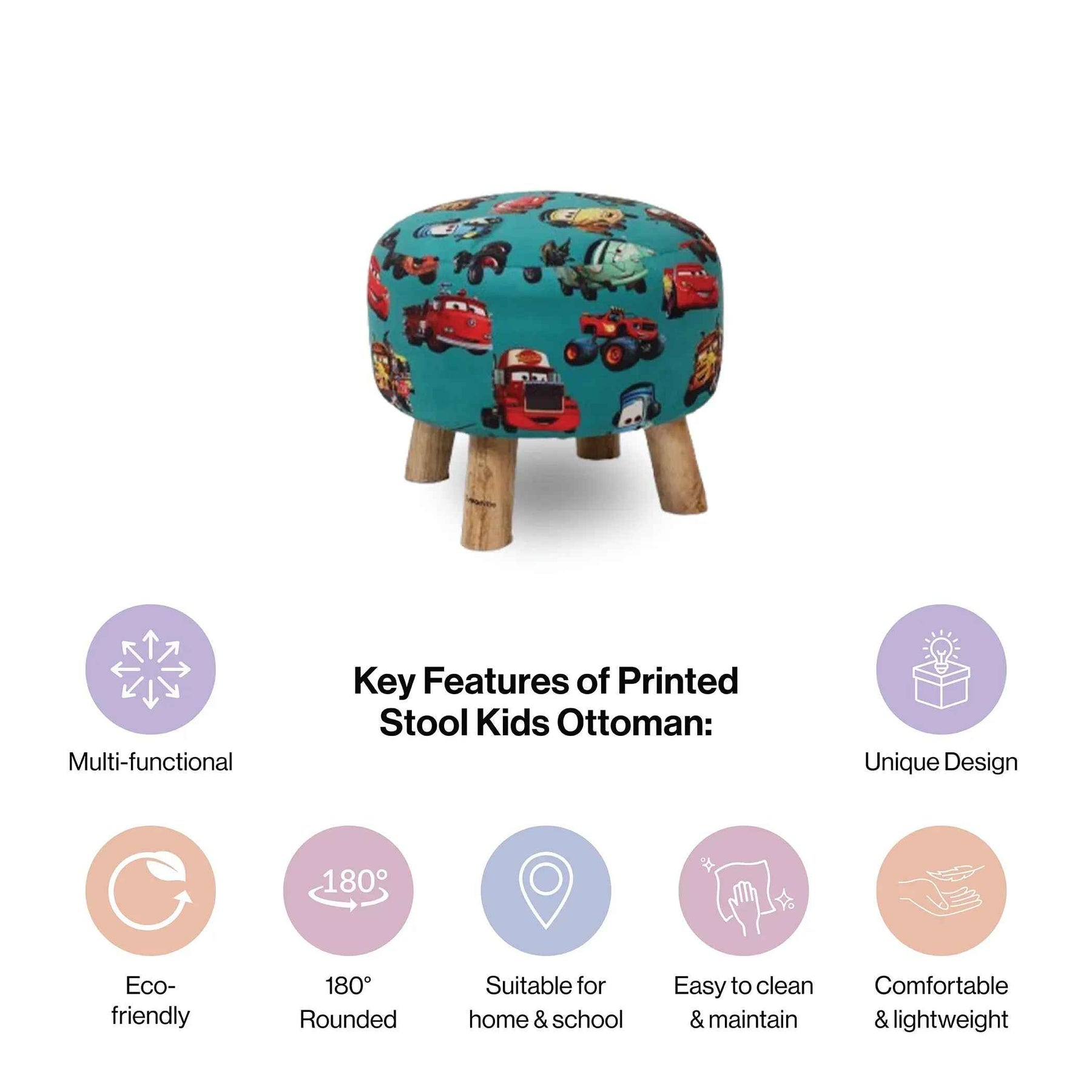 Kids Printed Round Ottoman Stool in Pixar Cars Edition